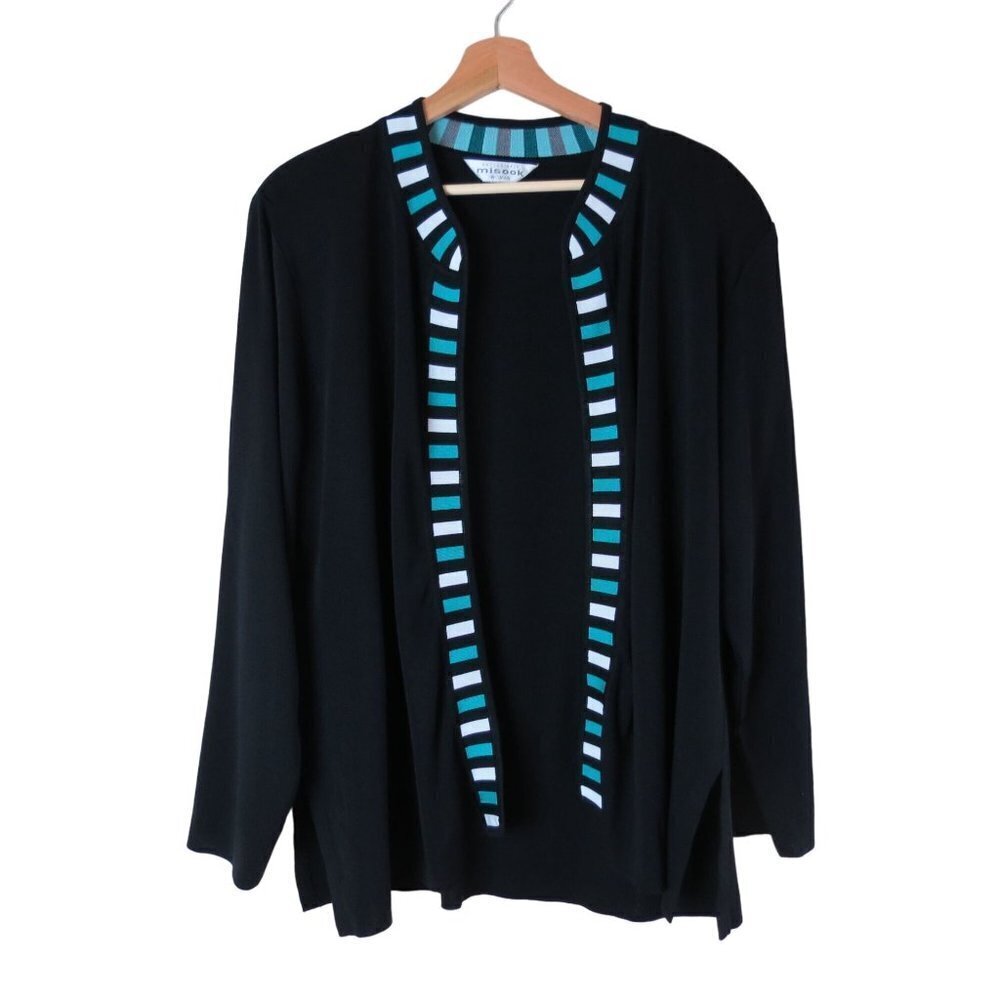 MISOOK Women's Black Acrylic Cardigan Sweater with Teal White Details Size 1X